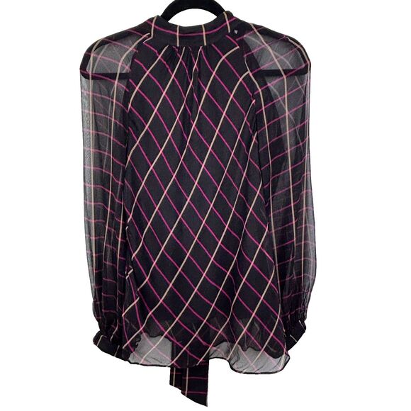 Milly Sioane Windowpane Print Silk Chiffon Top Black Pink Blouse Sheer Sleeves L - Picture 3 of 16